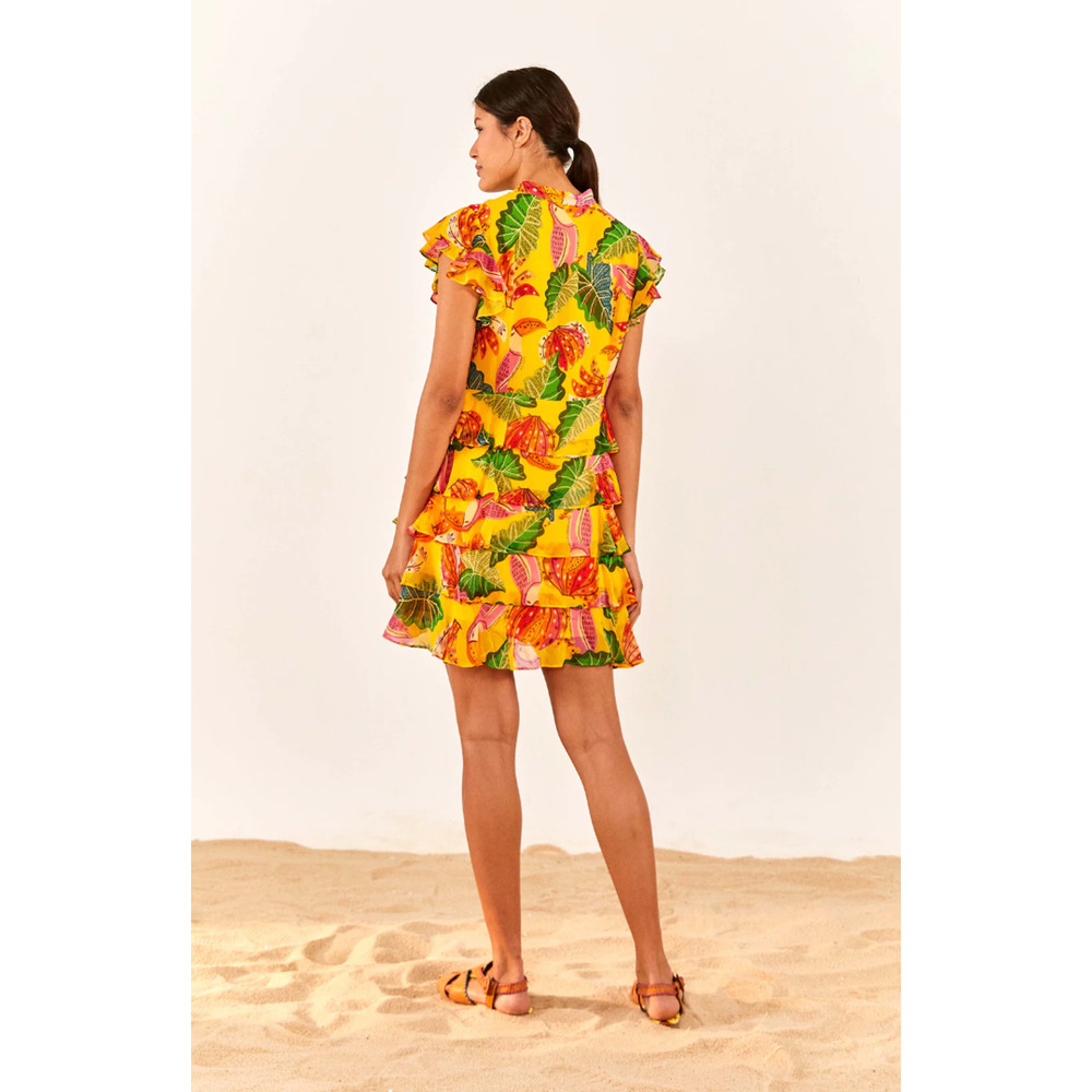 Farm Rio Yellow Beaks & Bananas Layered Ruffled Mini Dress Large - Picture 2 of 13